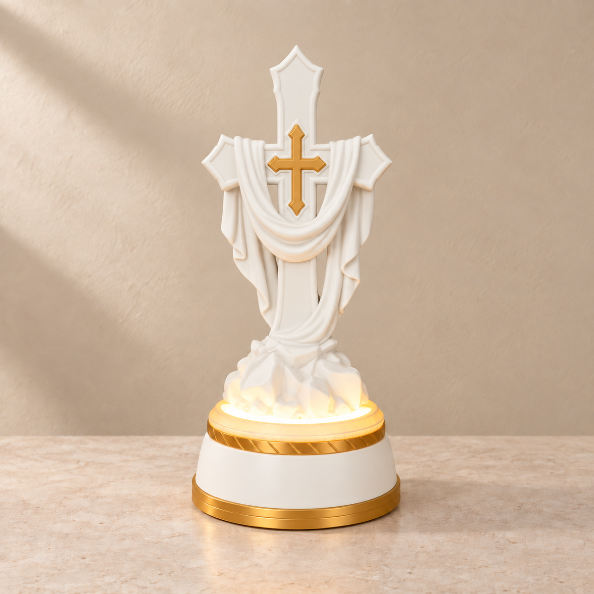 Cruz Velada Iluminada — Branco com detalhes dourados