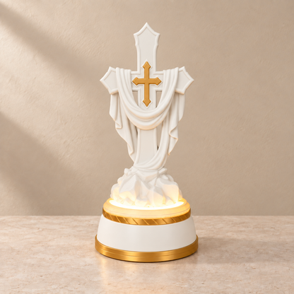 Cruz Velada Iluminada — Branco com detalhes dourados