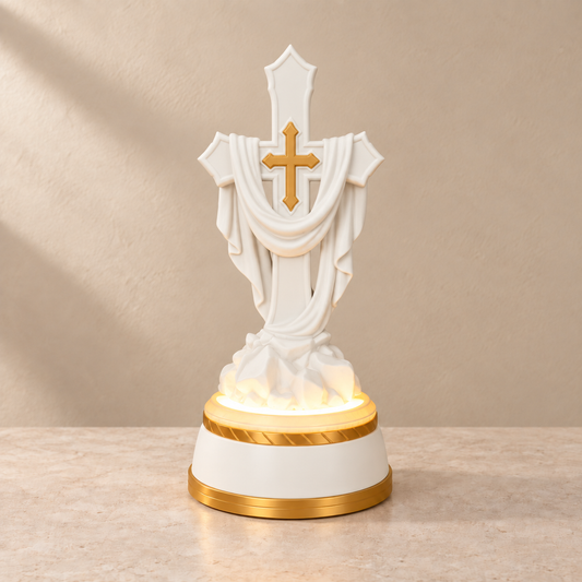 Cruz Velada Iluminada — Branco com detalhes dourados