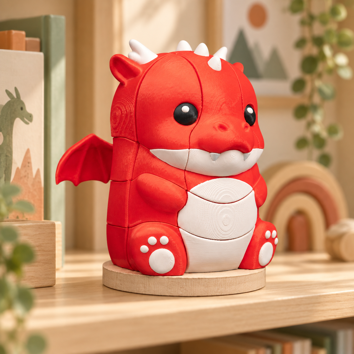 Dragão Encaixa vermelho visto de lado em ambiente infantil acolhedor
