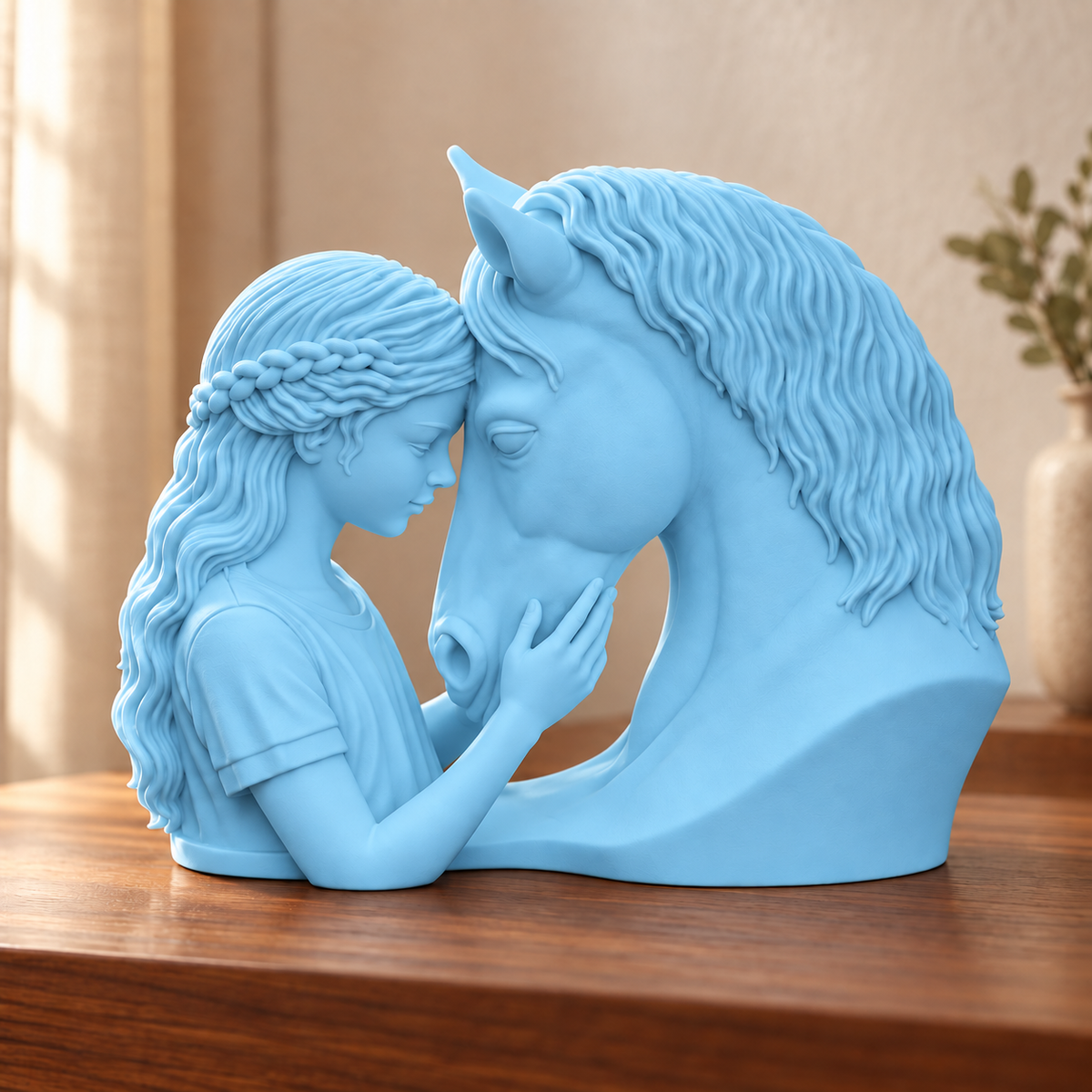 Elo — escultura mulher com cavalo, Azul Celeste