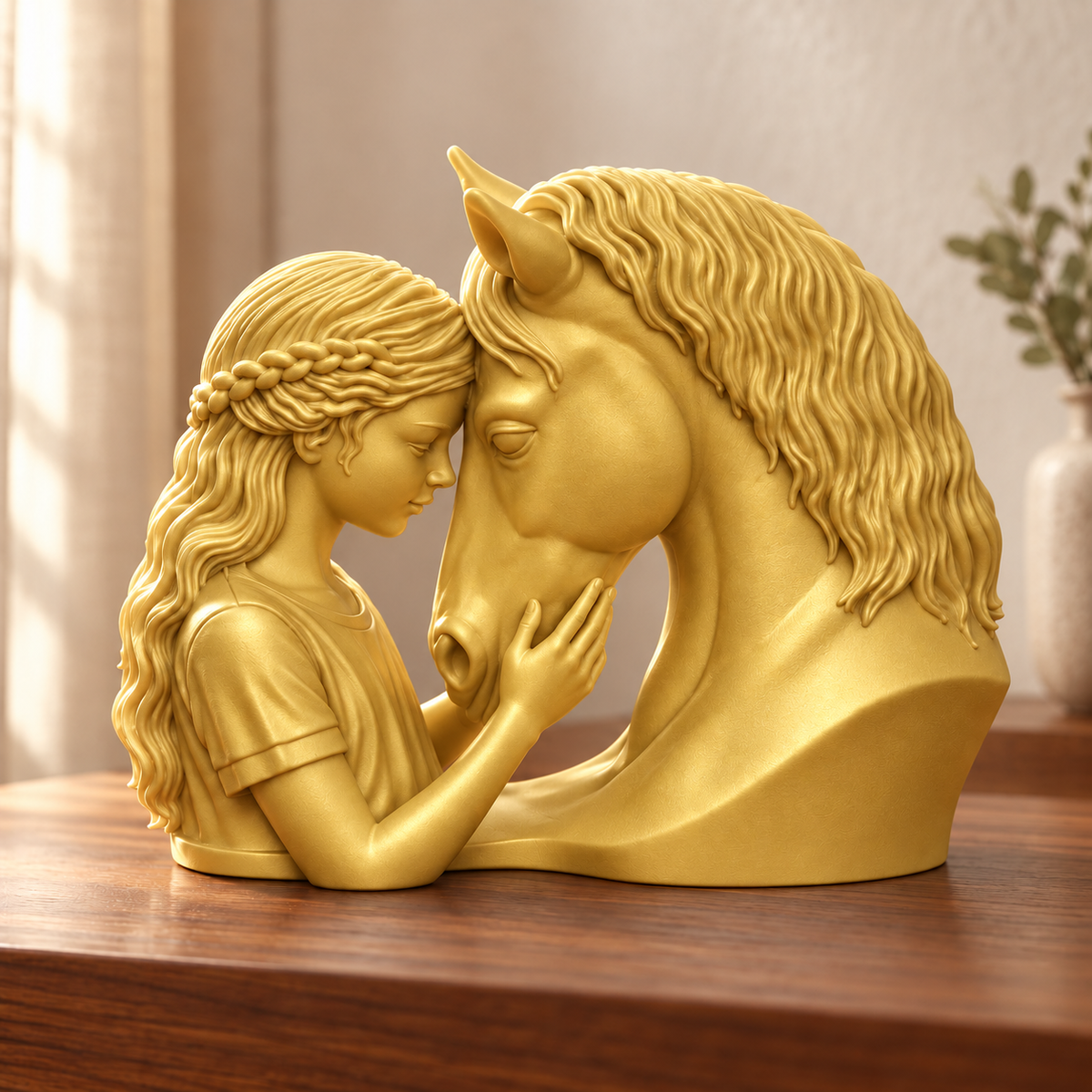 Elo — escultura mulher com cavalo, Dourado