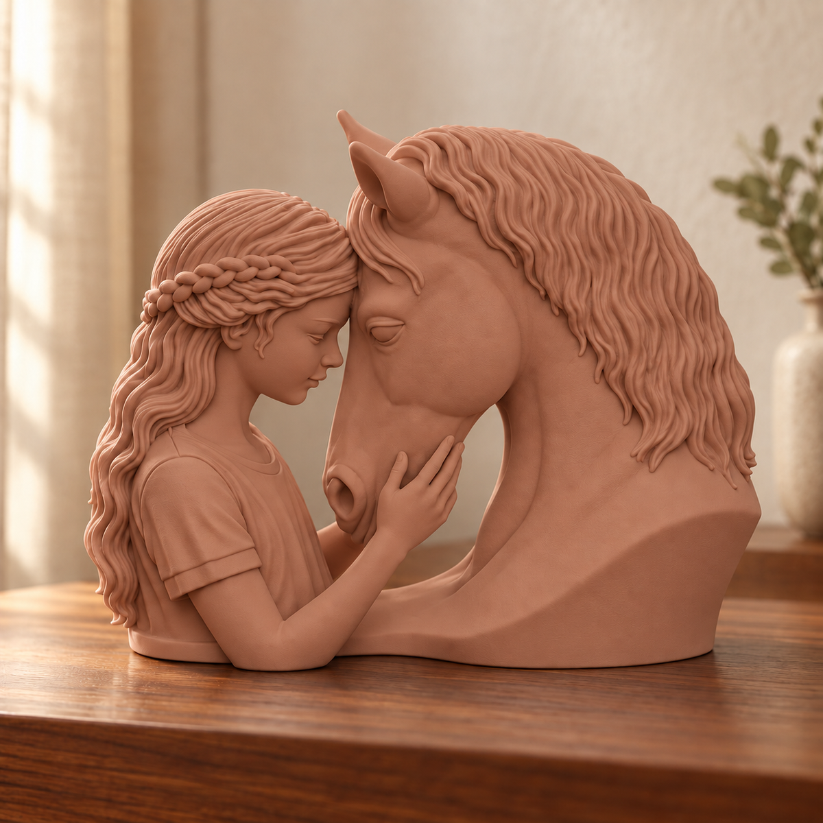 Elo — escultura mulher com cavalo, Marrom Terracota