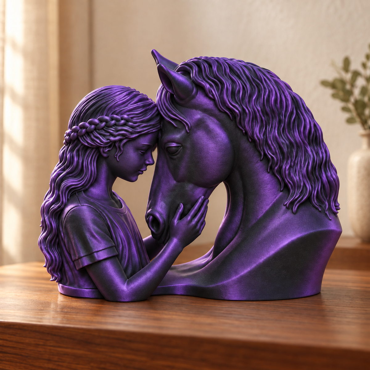Elo — escultura mulher com cavalo, Preto e Roxo