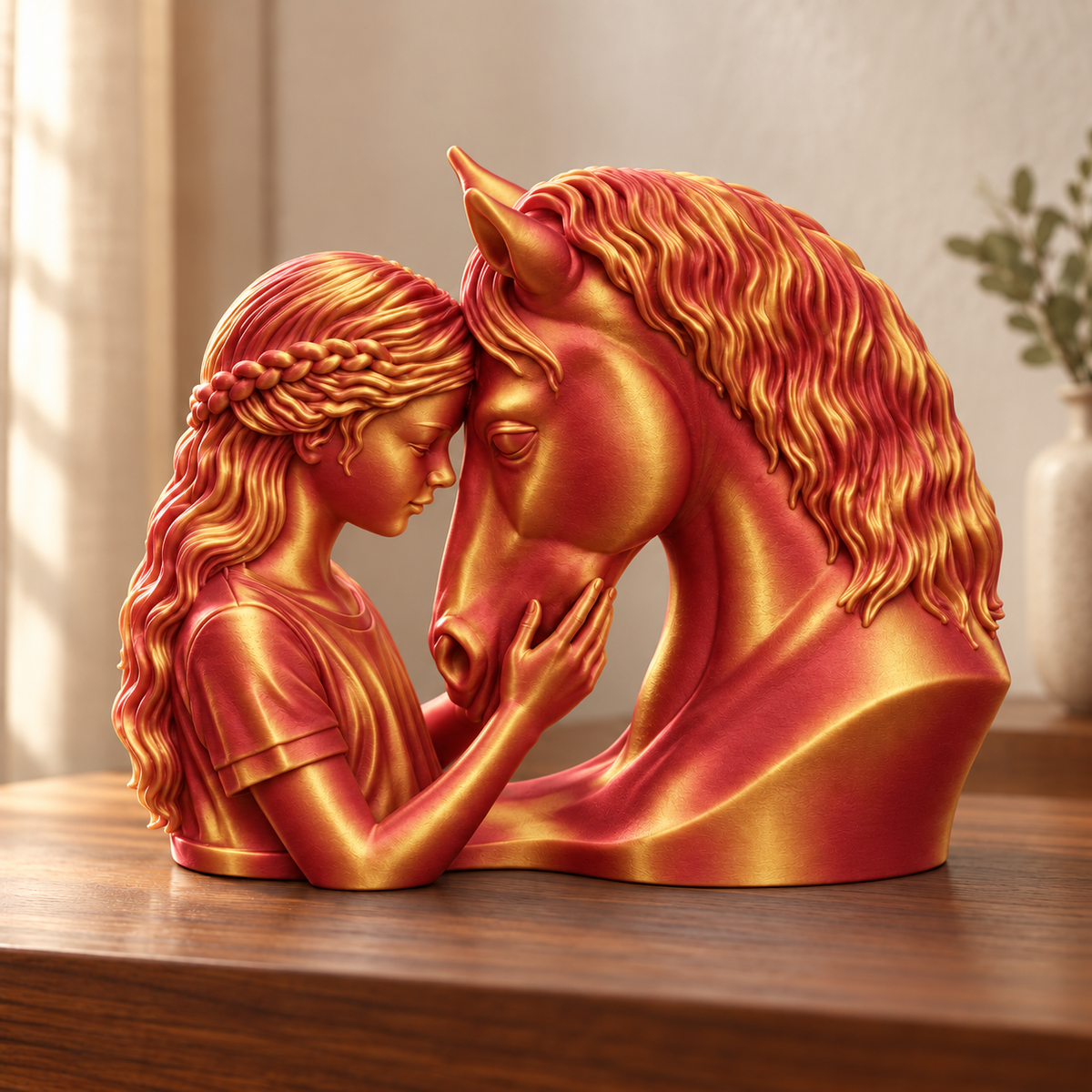 Elo — escultura mulher com cavalo, Vermelho e Dourado