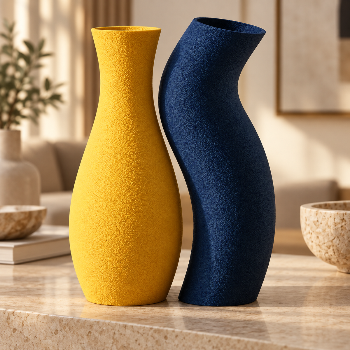 Dupla de vasos Encontro nas cores Amarelo + Dark Blue, em ambiente elegante