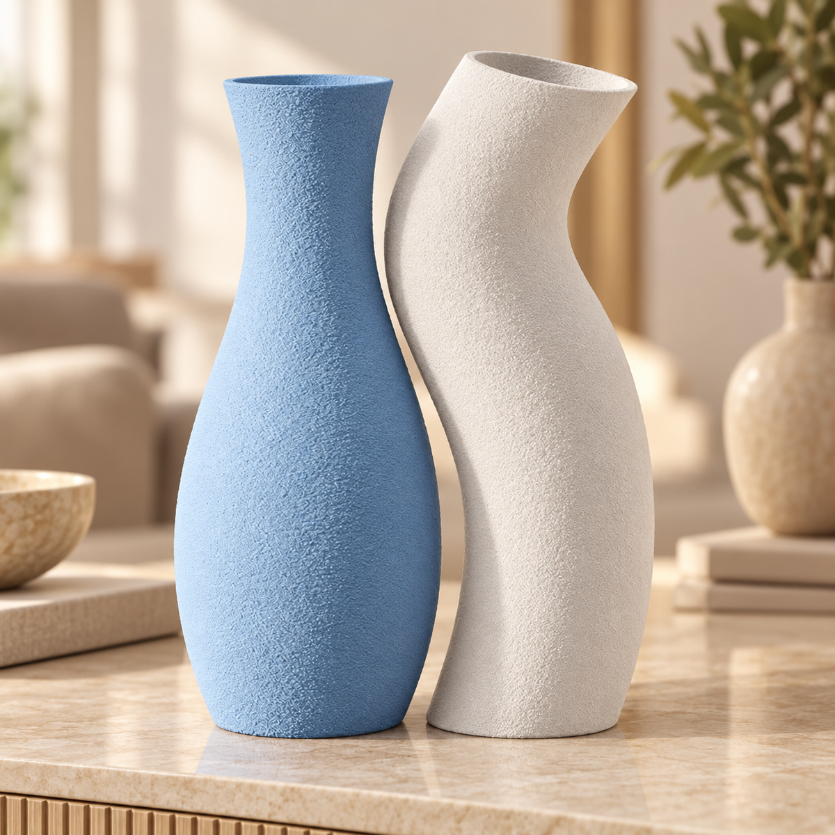 Dupla de vasos Encontro nas cores Azul Celeste + Branco, em ambiente elegante