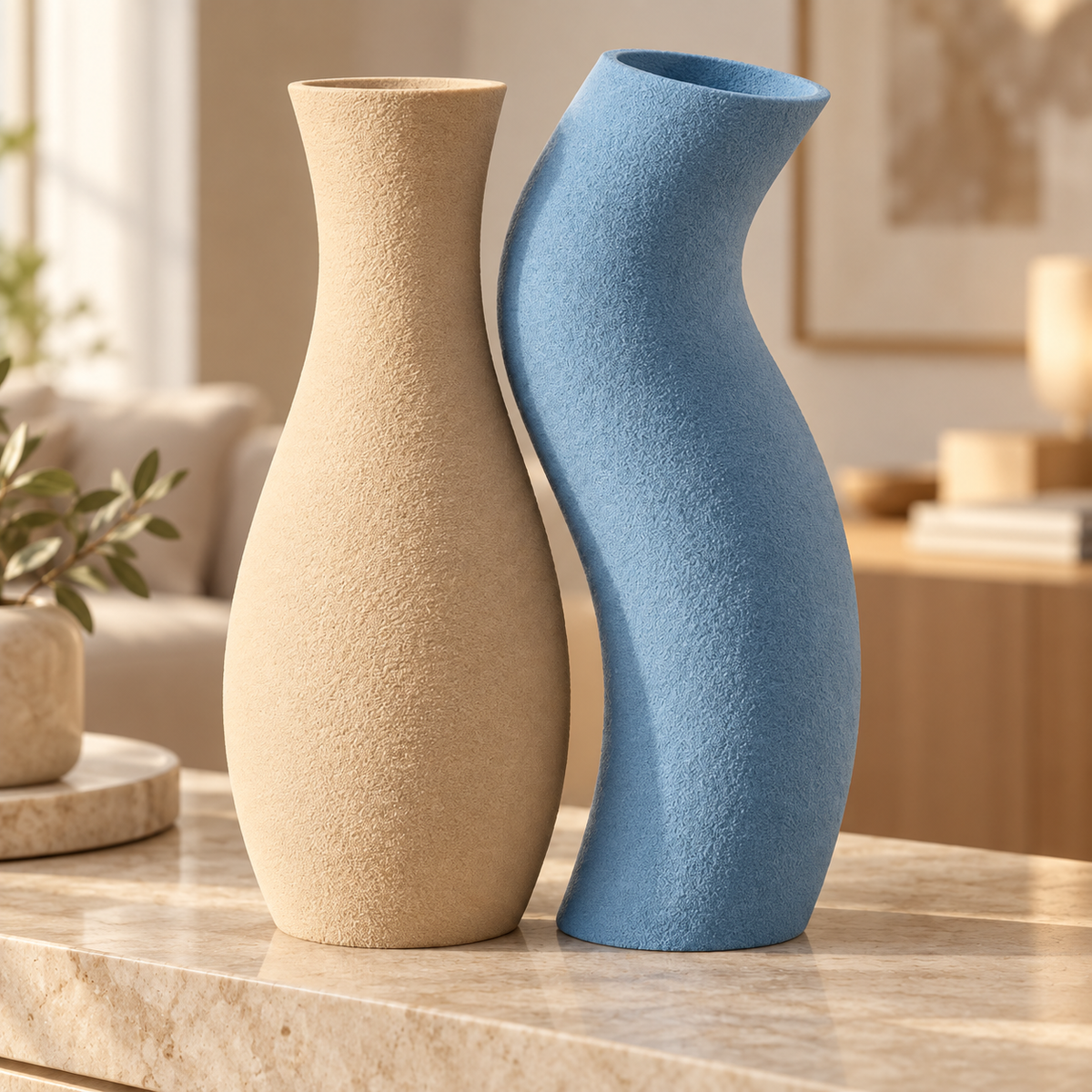 Dupla de vasos Encontro nas cores Bege + Azul Celeste, em ambiente elegante