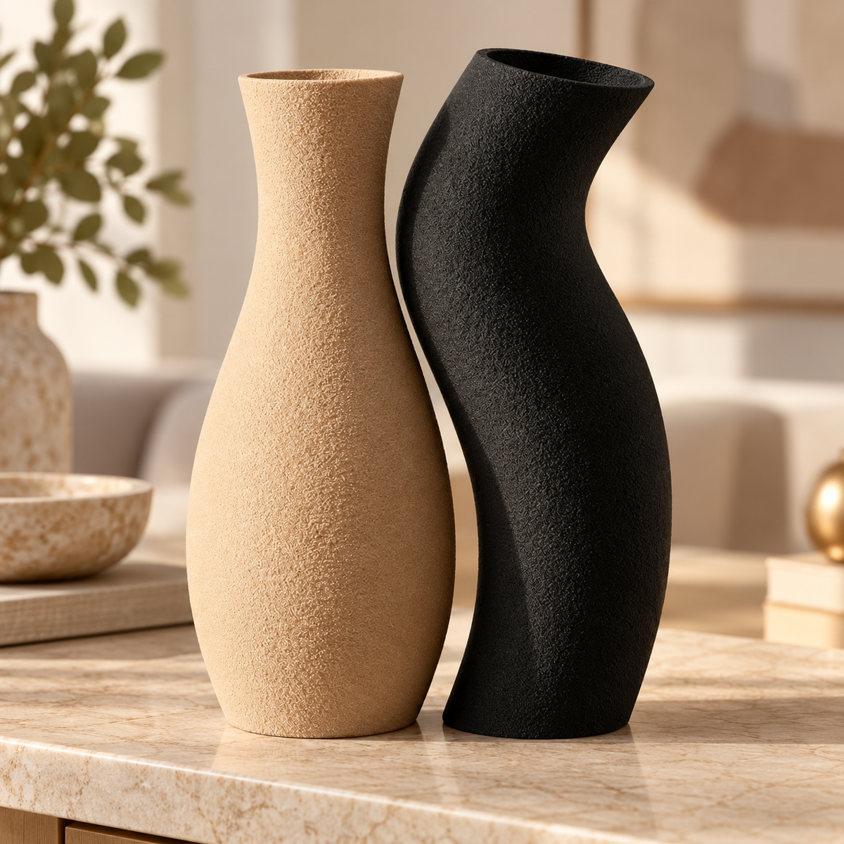 Dupla de vasos Encontro nas cores Bege + Preto, em ambiente elegante