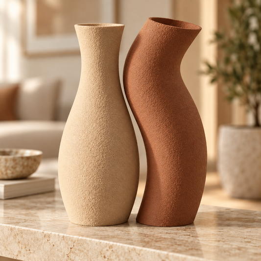 Dupla de vasos Encontro nas cores Bege + Marrom Terracota, em ambiente elegante
