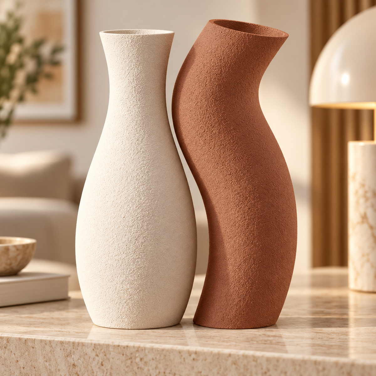 Dupla de vasos Encontro nas cores Branco + Marrom Terracota, em ambiente elegante