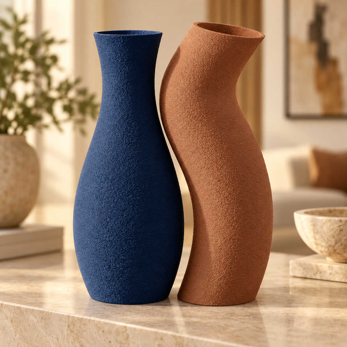 Dupla de vasos Encontro nas cores Dark Blue + Marrom Terracota, em ambiente elegante