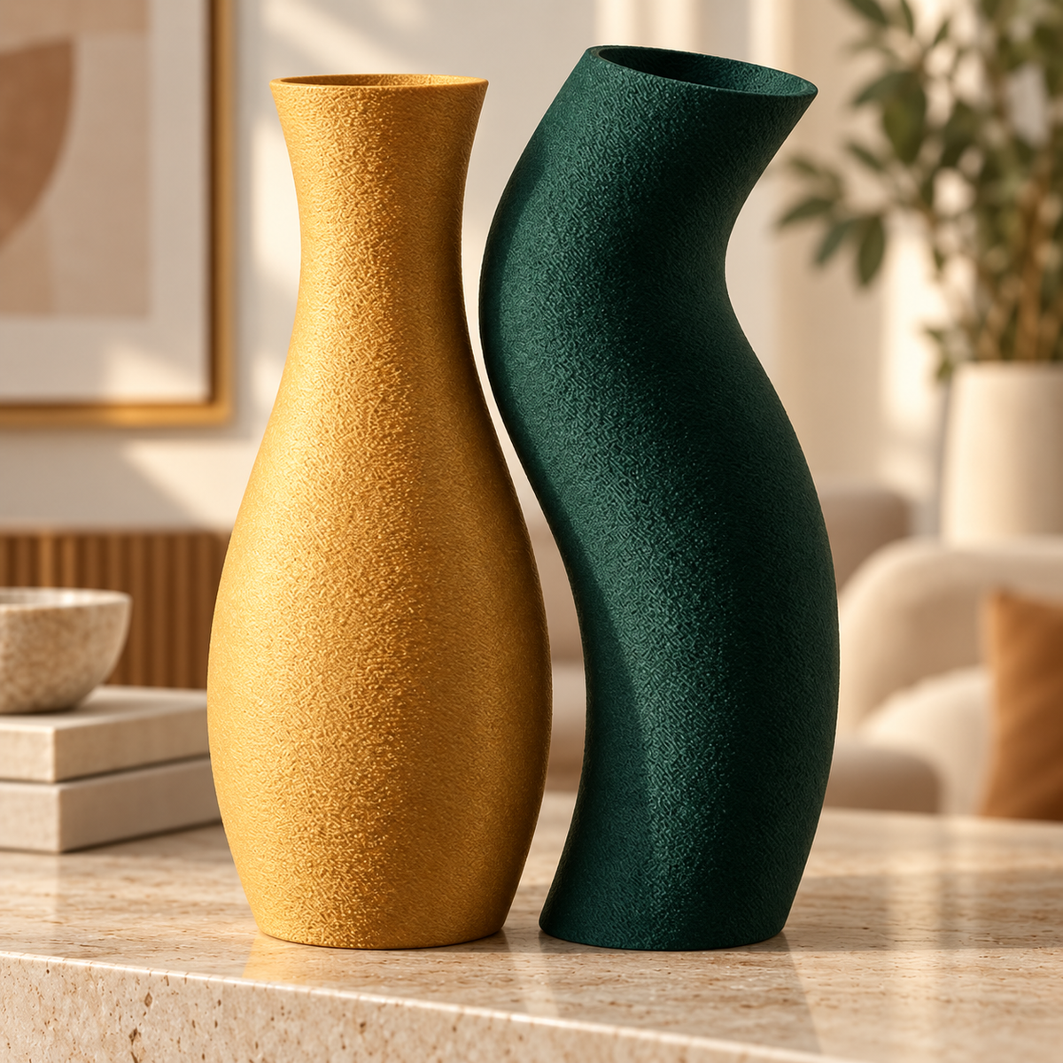 Dupla de vasos Encontro nas cores Dourado Silk + Holly Green, em ambiente elegante