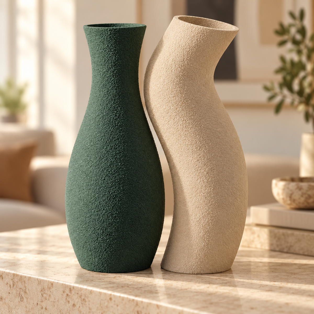 Dupla de vasos Encontro nas cores Holly Green + Bege, em ambiente elegante