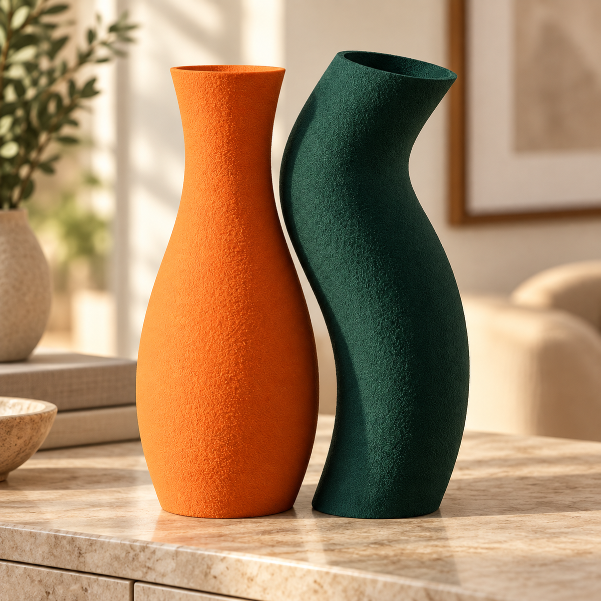 Dupla de vasos Encontro nas cores Laranja + Holly Green, em ambiente elegante
