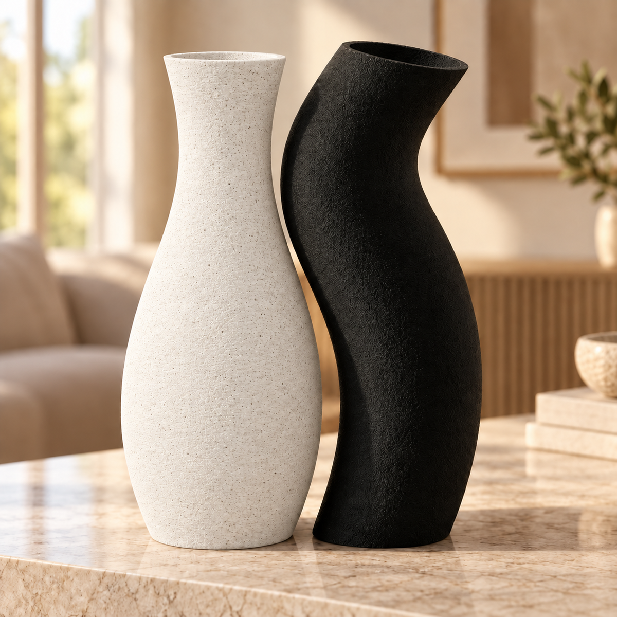 Dupla de vasos Encontro nas cores Mármore + Preto, em ambiente elegante