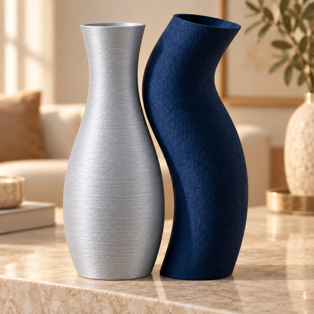 Dupla de vasos Encontro nas cores Prata Silk + Dark Blue, em ambiente elegante