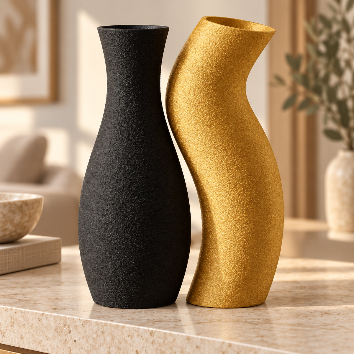 Dupla de vasos Encontro nas cores Preto + Dourado Silk, em ambiente elegante