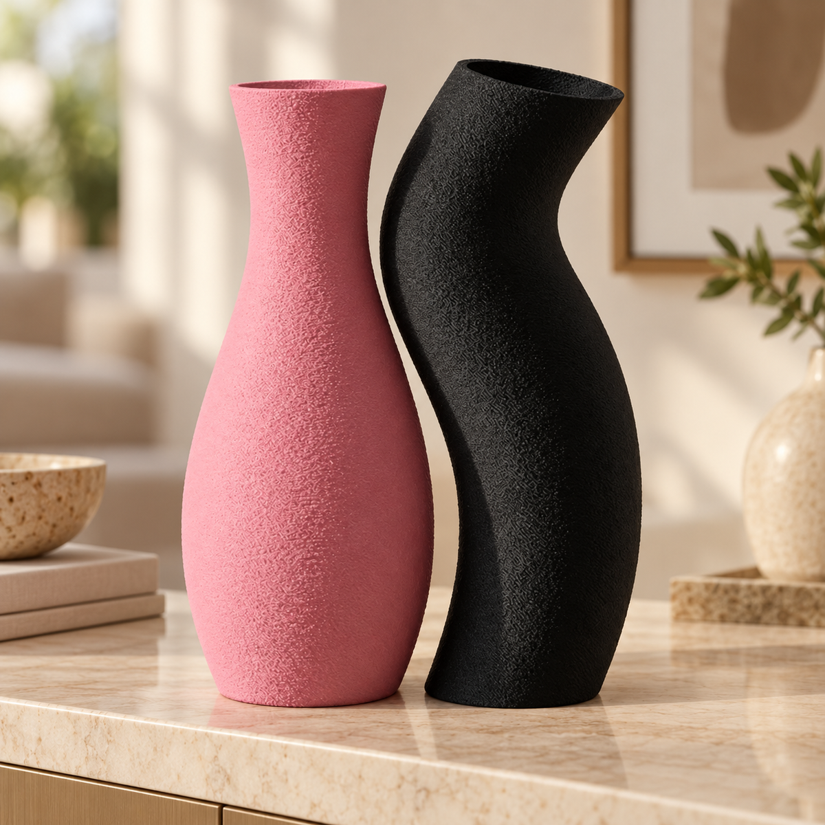 Dupla de vasos Encontro nas cores Rosa + Preto, em ambiente elegante