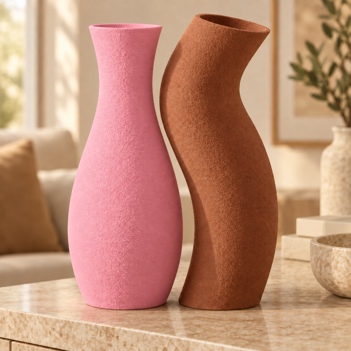 Dupla de vasos Encontro nas cores Rosa + Marrom Terracota, em ambiente elegante