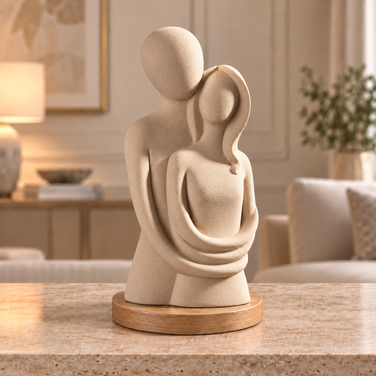 Escultura de casal Entre Nós na cor Bege, com base redonda de madeira