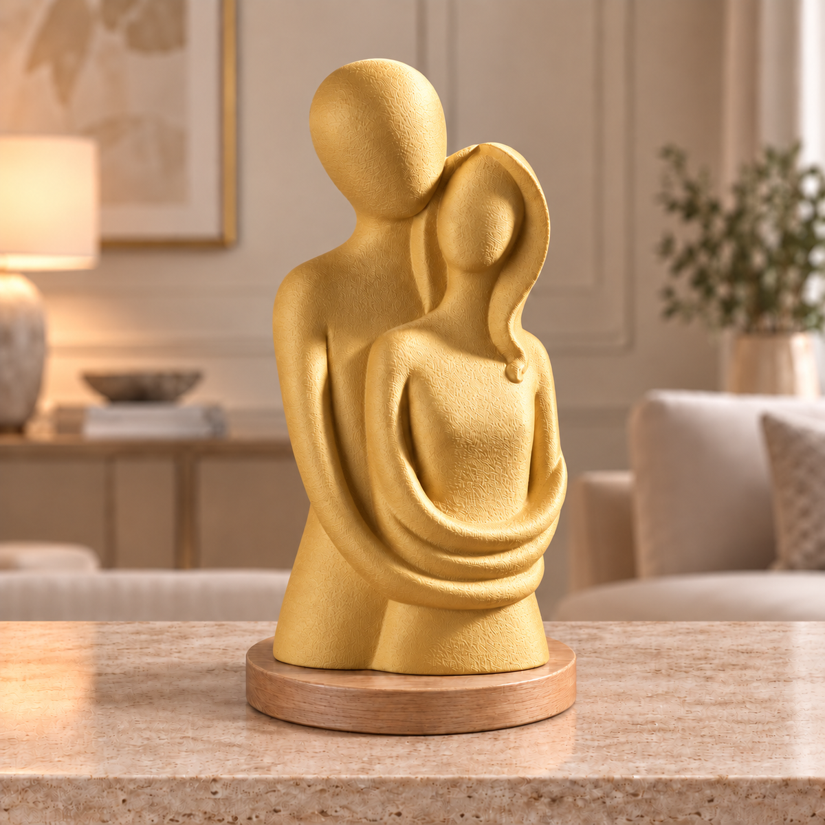 Escultura de casal Entre Nós na cor Dourado Silk, com base redonda de madeira