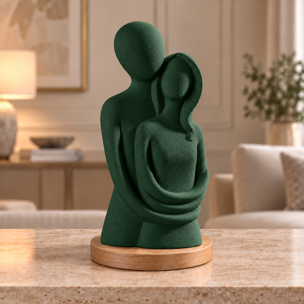 Escultura de casal Entre Nós na cor Holly Green, com base redonda de madeira
