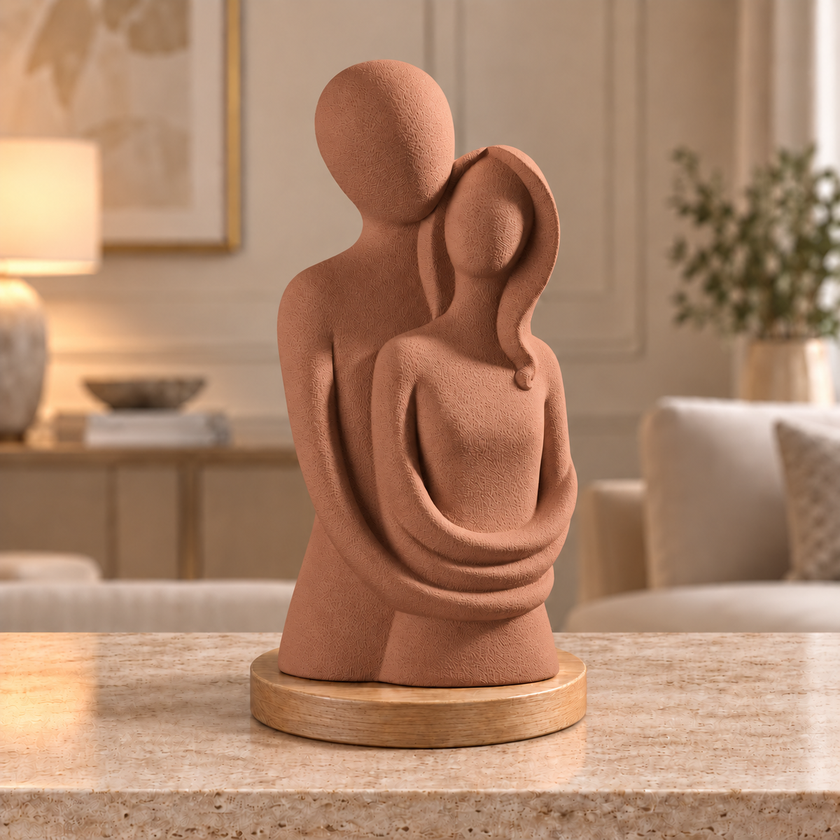 Escultura de casal Entre Nós na cor Marrom Terracota, com base redonda de madeira