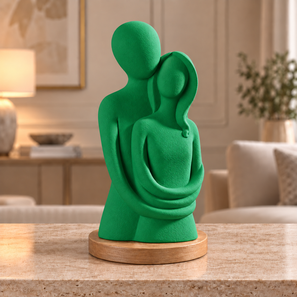 Escultura de casal Entre Nós na cor Verde, com base redonda de madeira