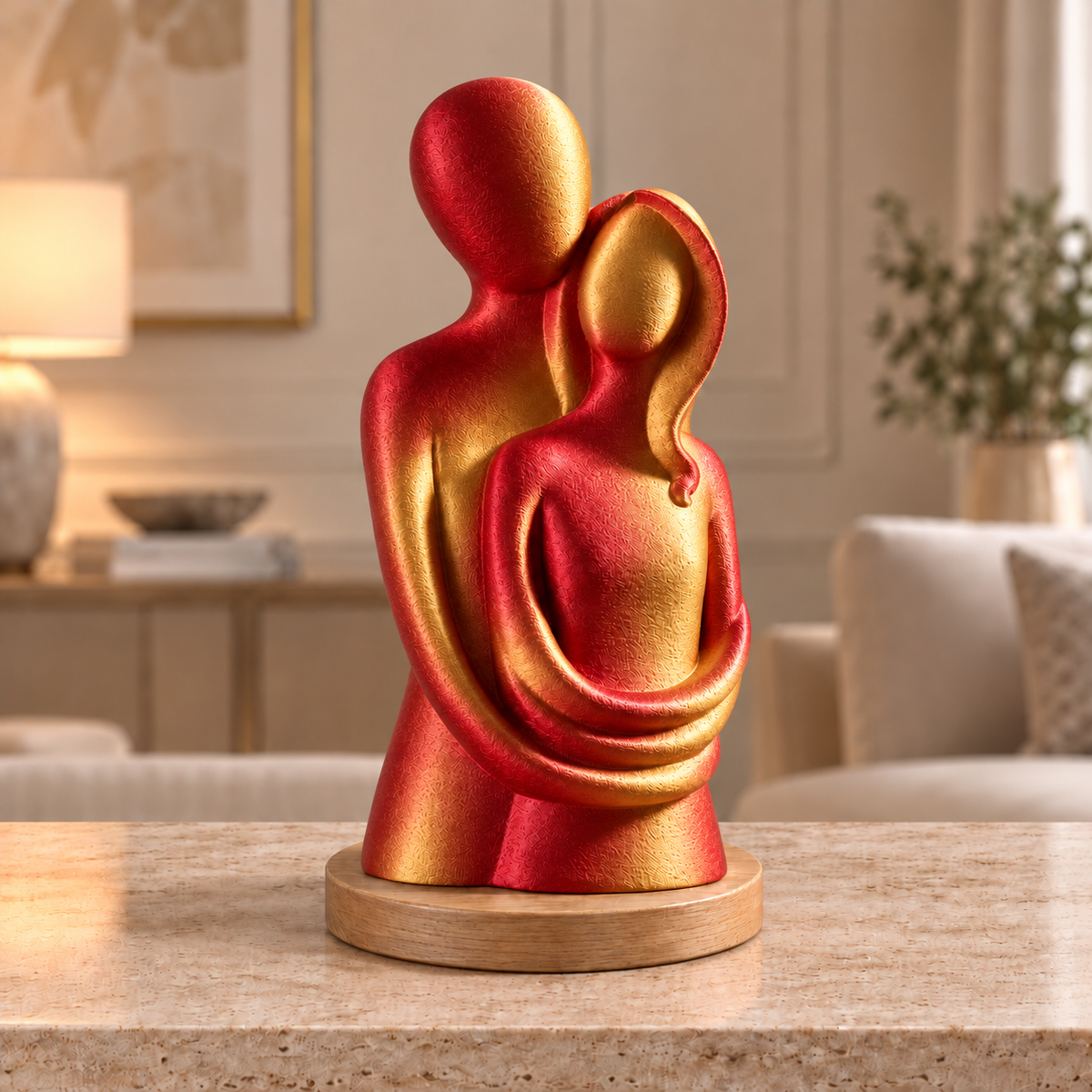 Escultura de casal Entre Nós na cor Vermelho e Dourado, com base redonda de madeira