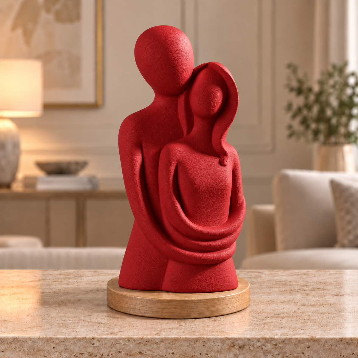 Escultura de casal Entre Nós na cor Vermelho, com base redonda de madeira