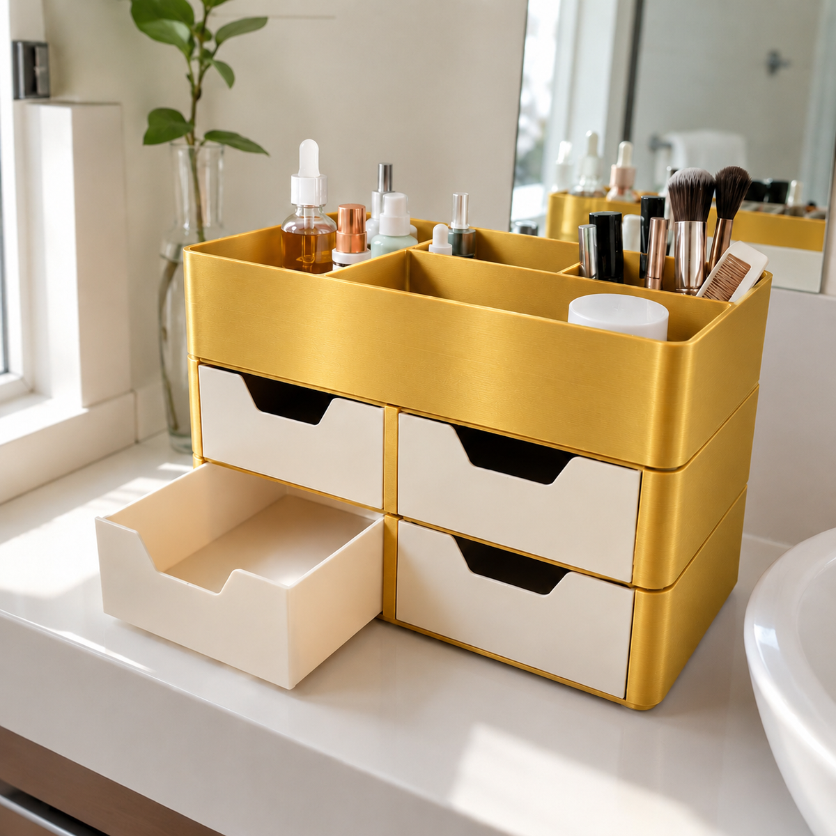 Organizador Escriba — Dourado com gavetas claras