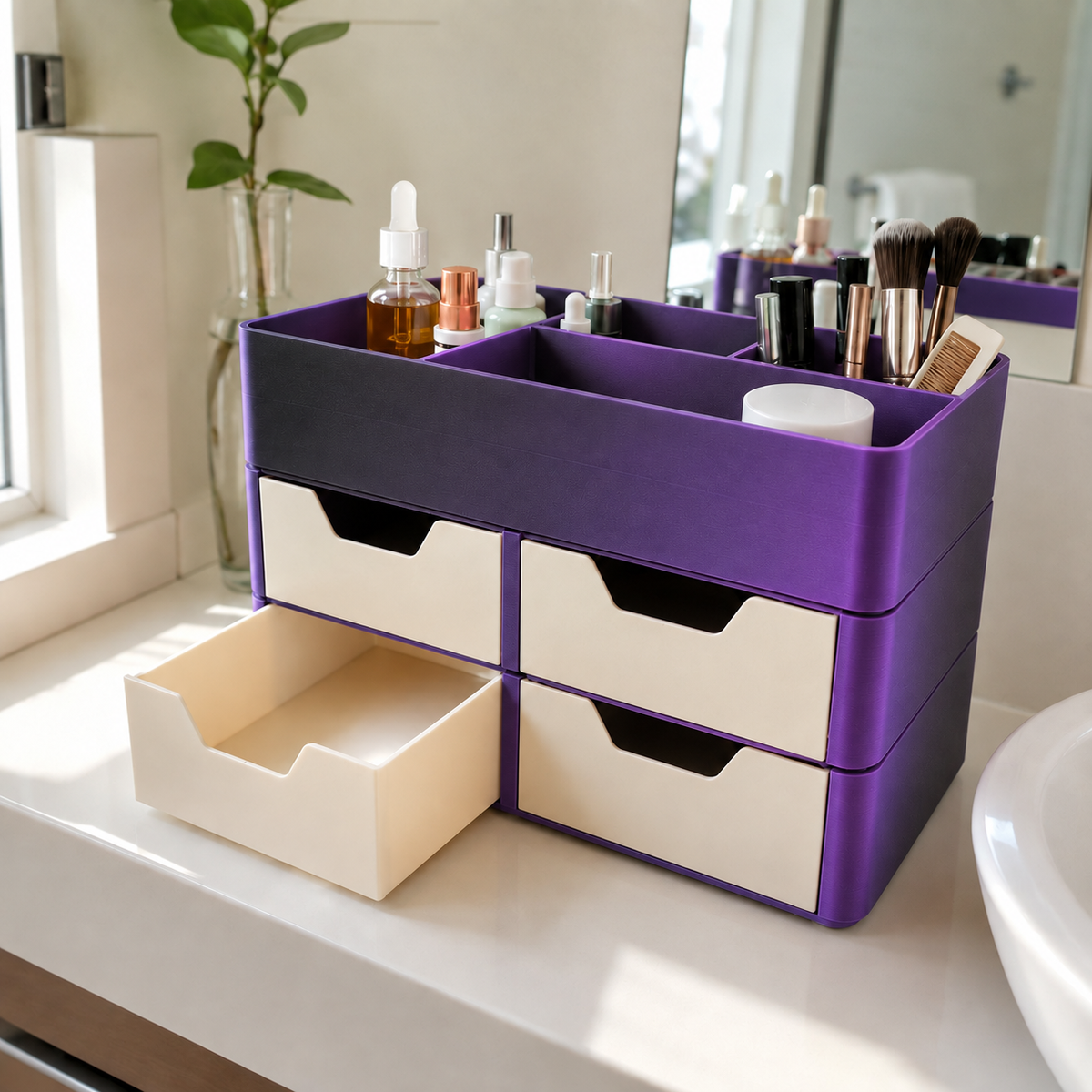 Organizador Escriba — Preto e Roxo com gavetas claras