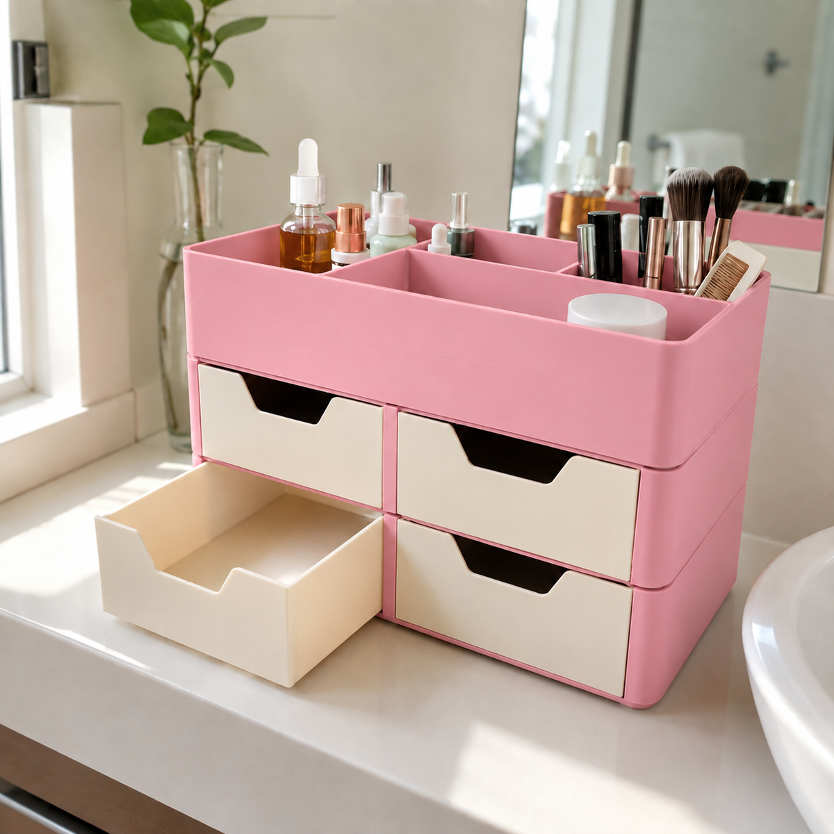 Organizador Escriba — Rosa com gavetas claras