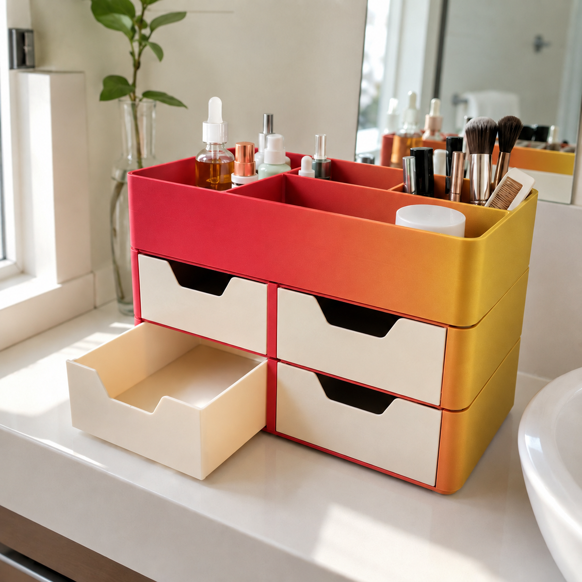 Organizador Escriba — Vermelho e Dourado com gavetas claras