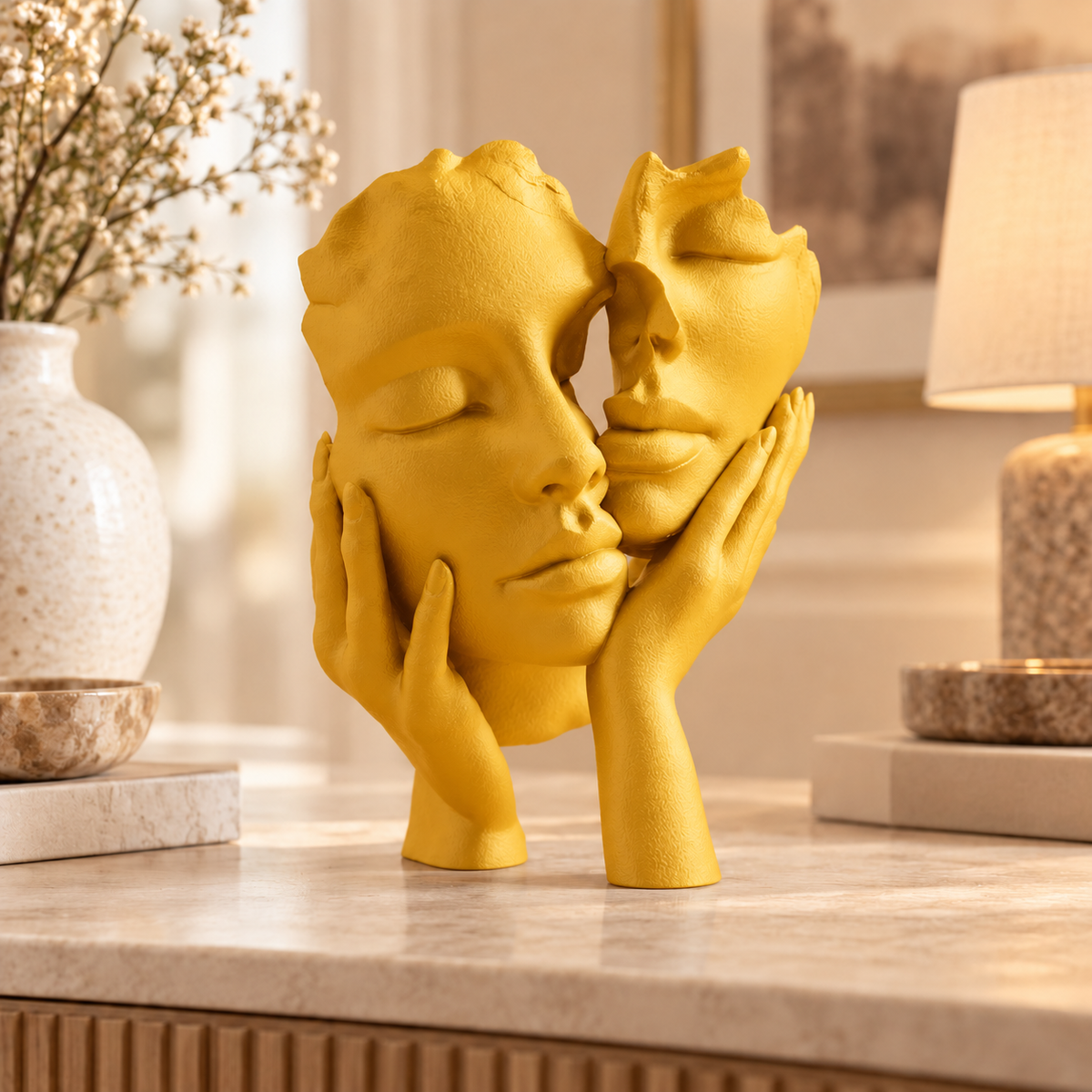 Escultura Essência a Dois na cor Amarelo, em ambiente elegante