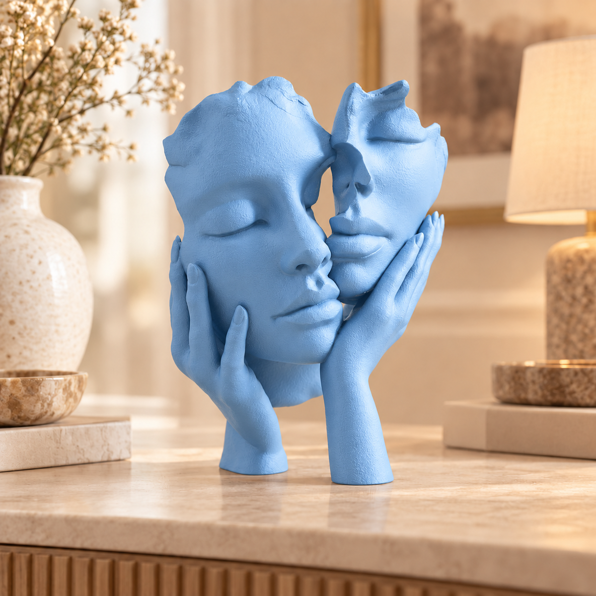 Escultura Essência a Dois na cor Azul Celeste, em ambiente elegante