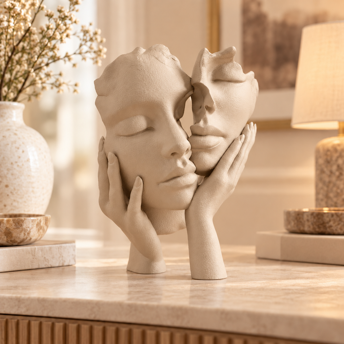 Escultura Essência a Dois na cor Bege, em ambiente elegante