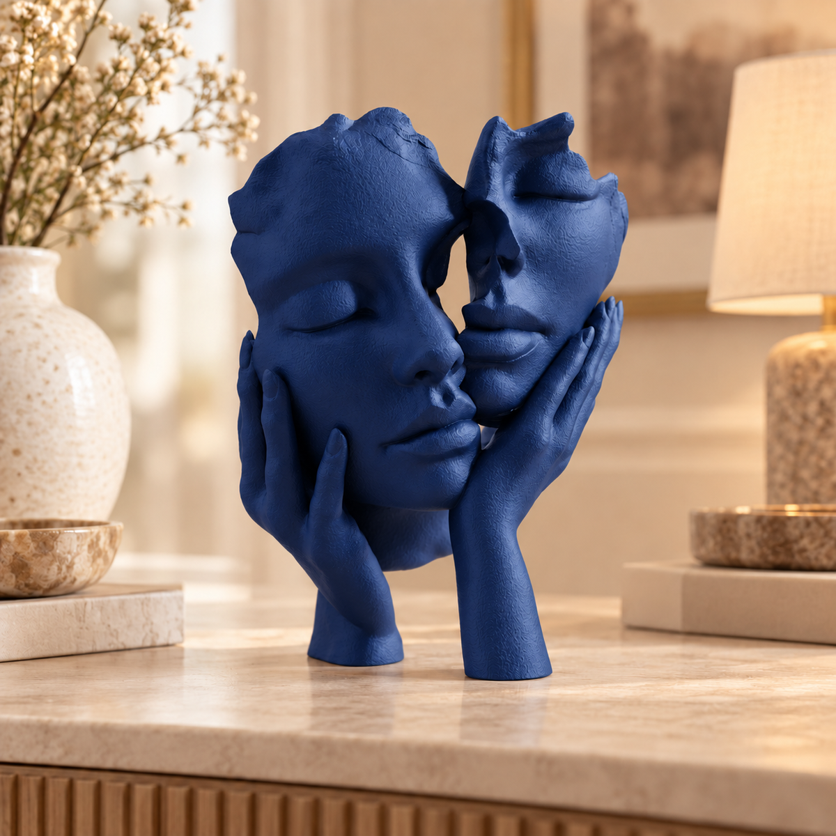 Escultura Essência a Dois na cor Dark Blue, em ambiente elegante