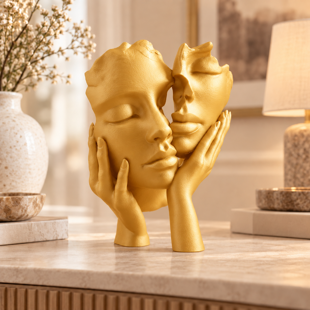 Escultura Essência a Dois na cor Dourado, em ambiente elegante