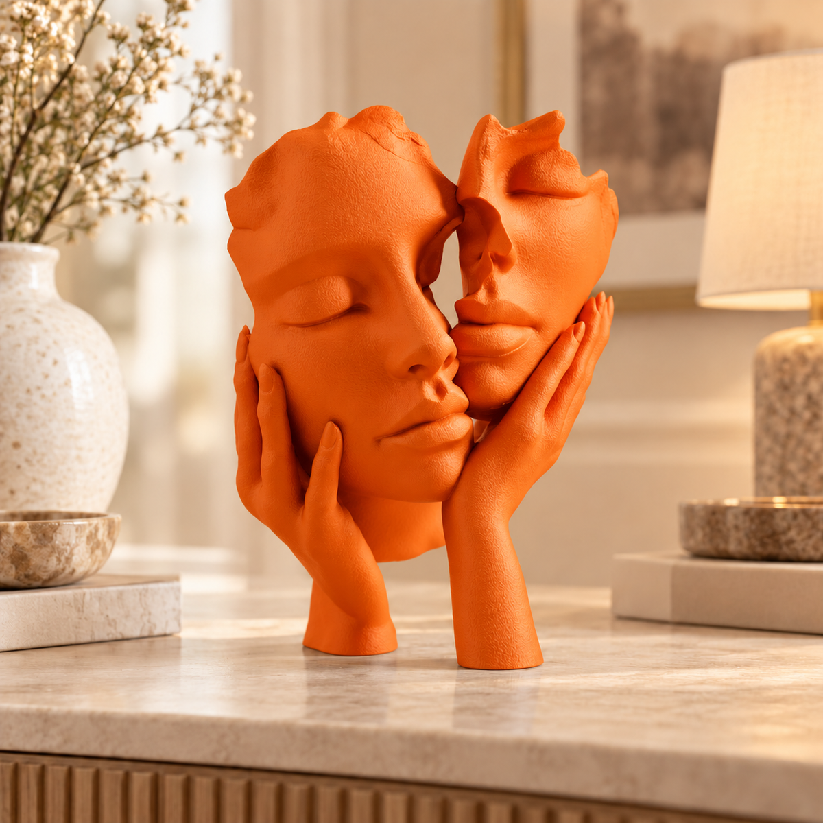 Escultura Essência a Dois na cor Laranja, em ambiente elegante