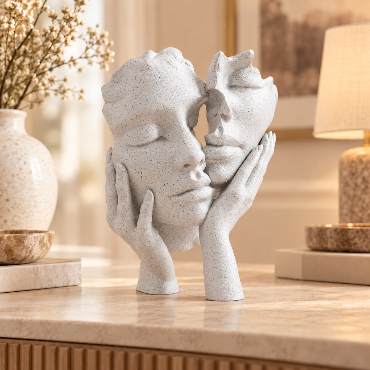 Escultura Essência a Dois na cor Mármore, em ambiente elegante