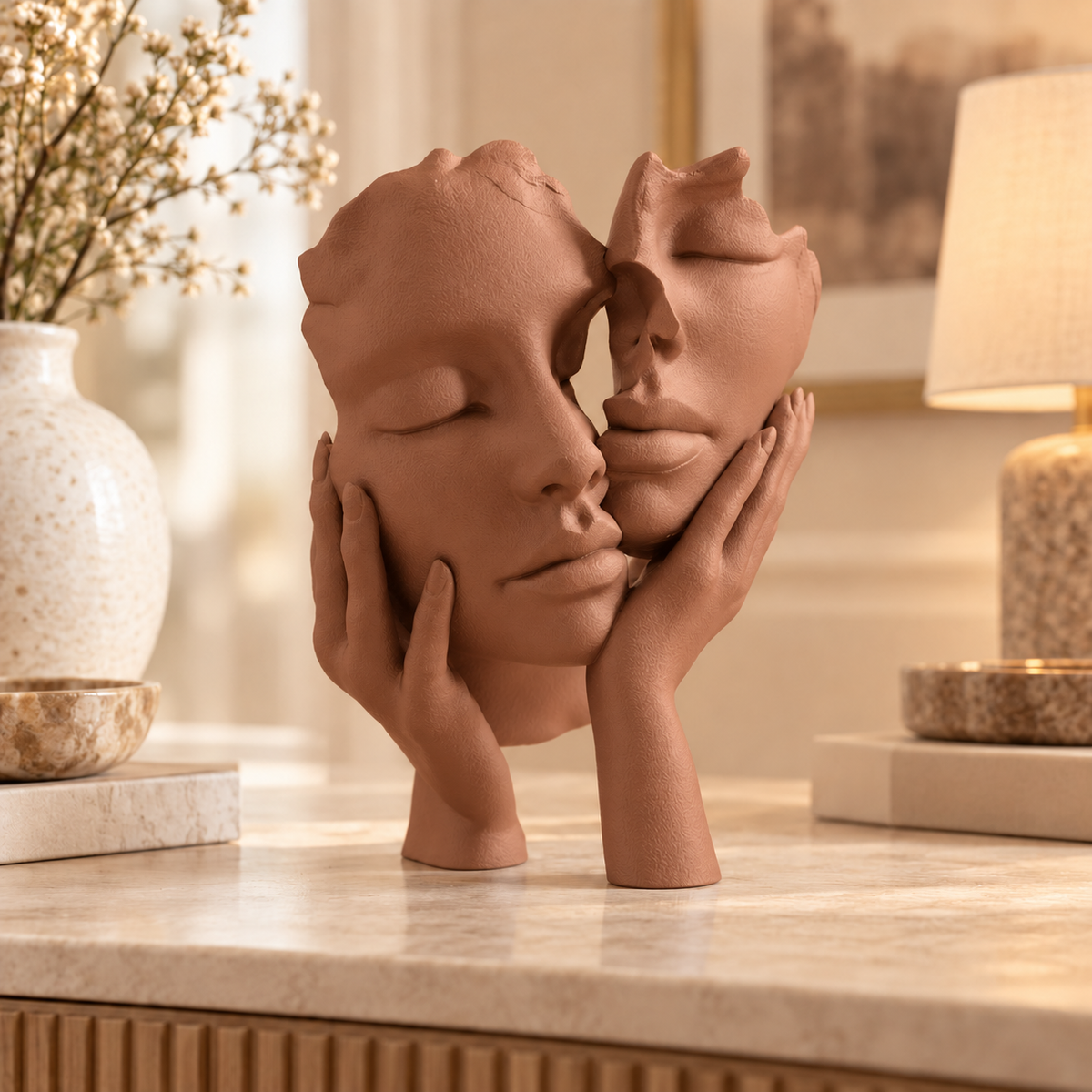 Escultura Essência a Dois na cor Marrom Terracota, em ambiente elegante