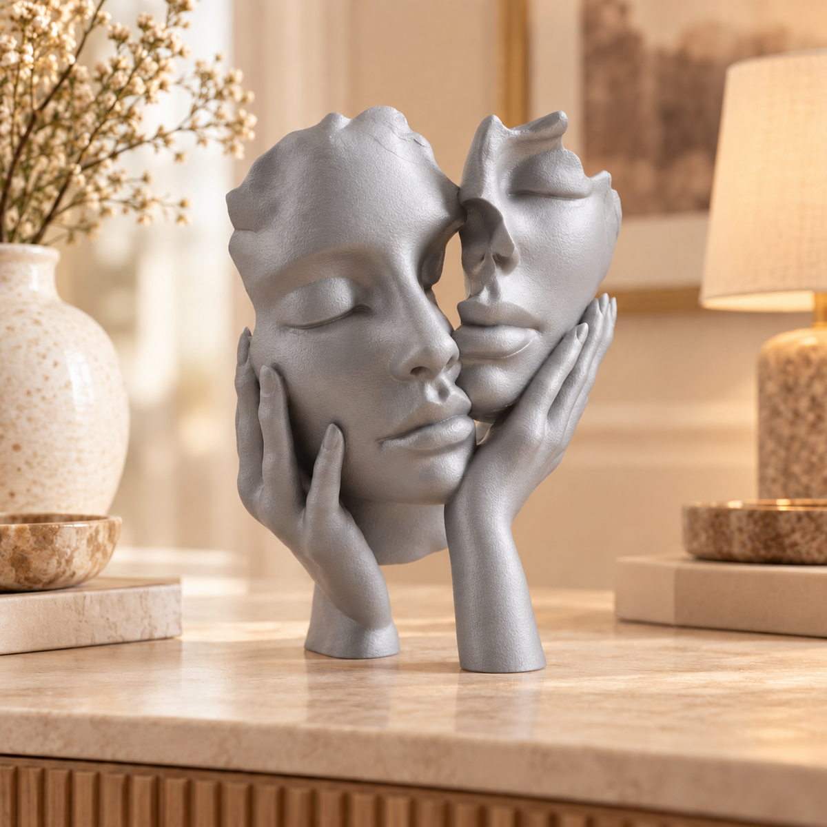 Escultura Essência a Dois na cor Prata, em ambiente elegante