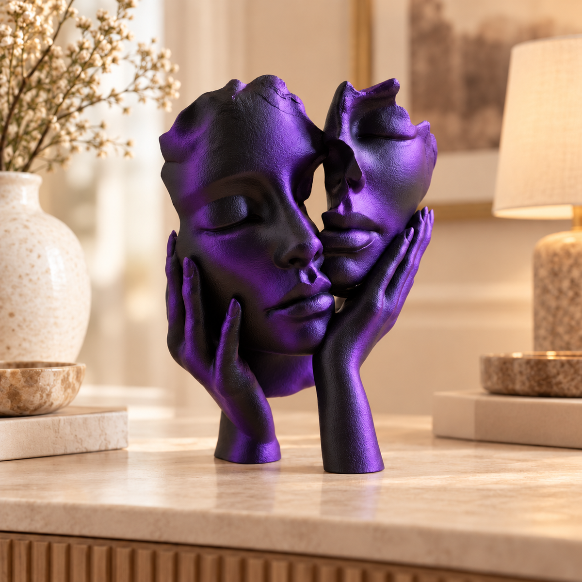 Escultura Essência a Dois na cor Preto e Roxo, em ambiente elegante