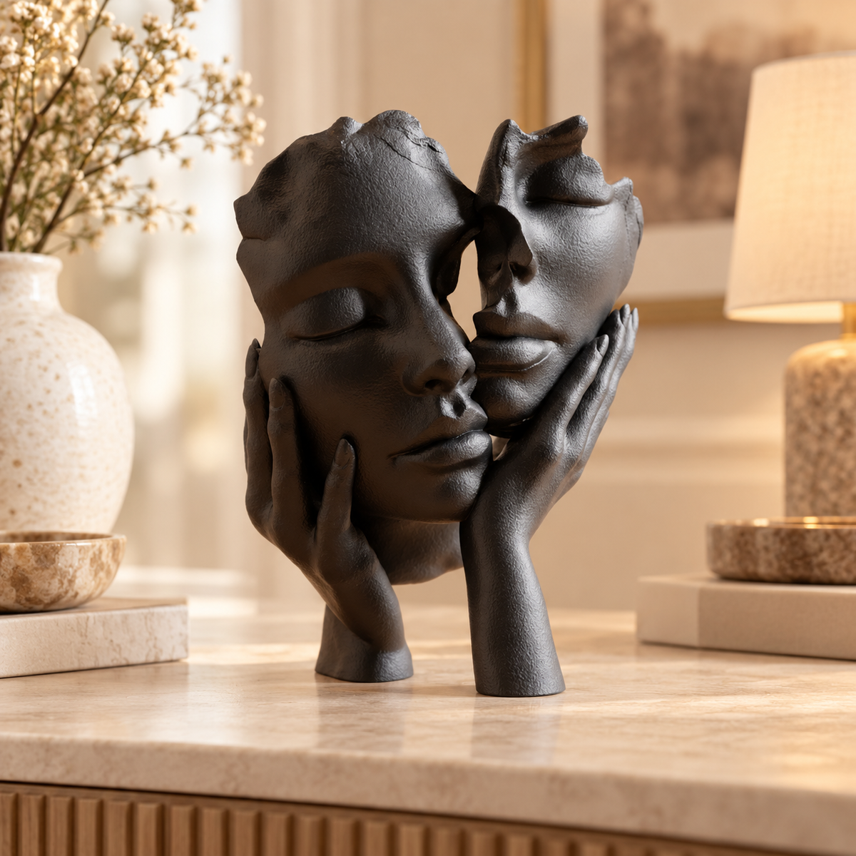 Escultura Essência a Dois na cor Preto, em ambiente elegante