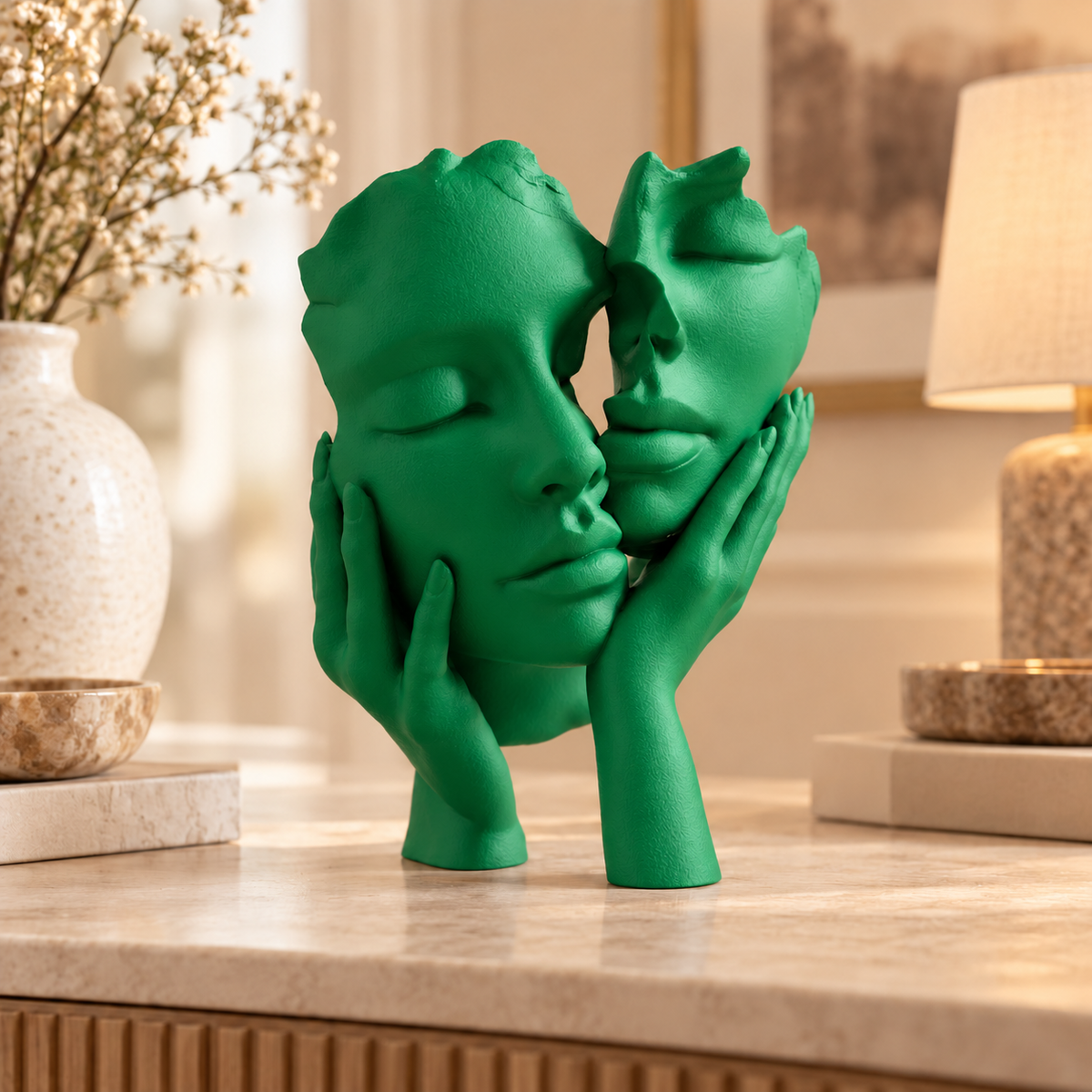 Escultura Essência a Dois na cor Verde, em ambiente elegante
