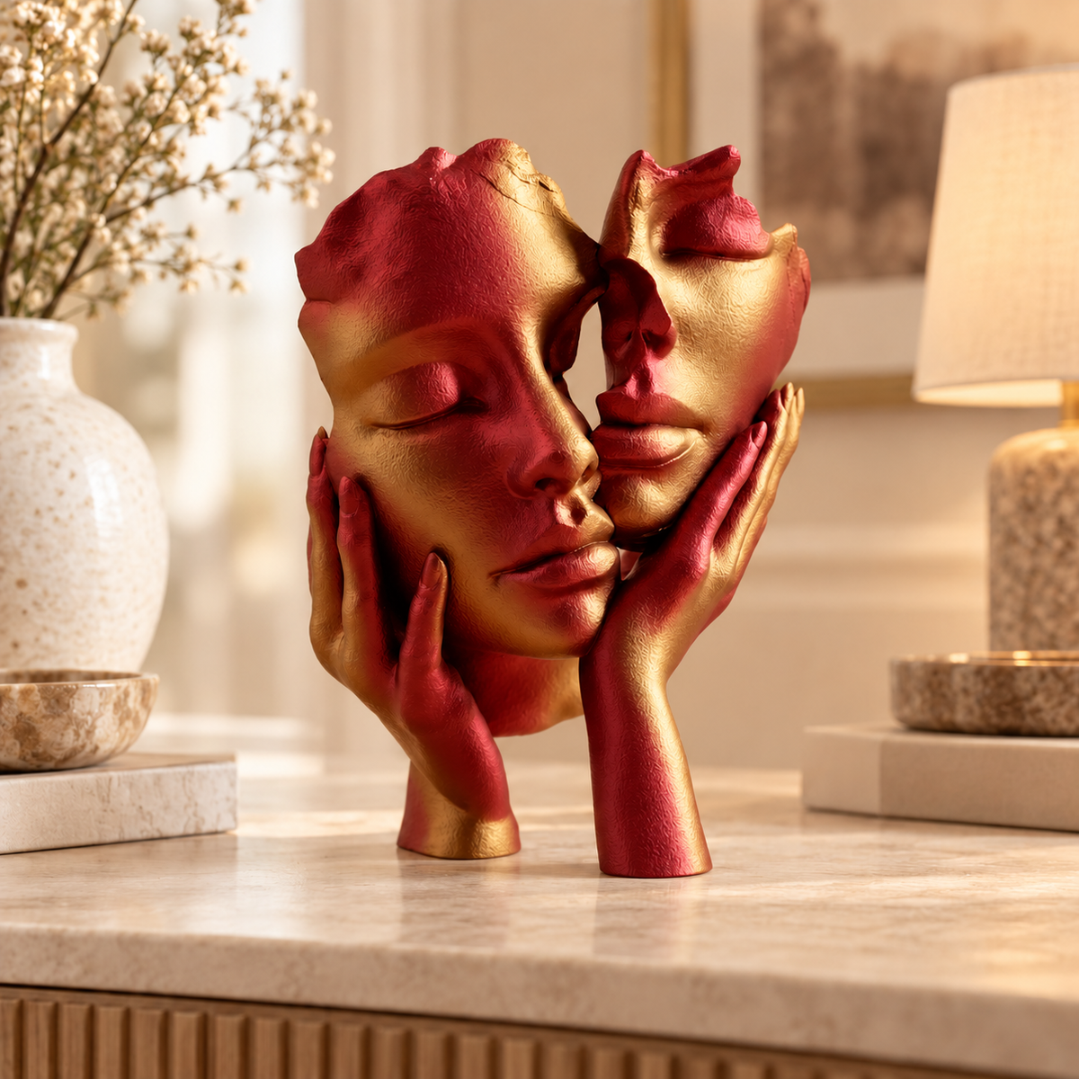 Escultura Essência a Dois na cor Vermelho e Dourado, em ambiente elegante