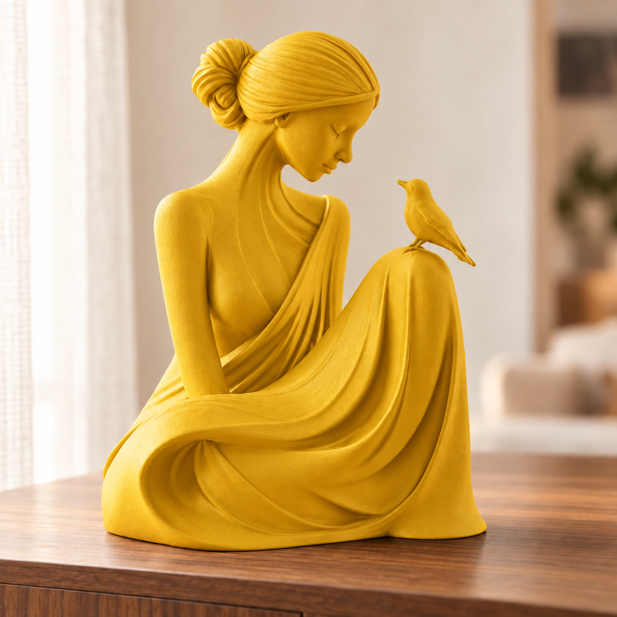 Essência — escultura mulher com pássaro, Amarelo