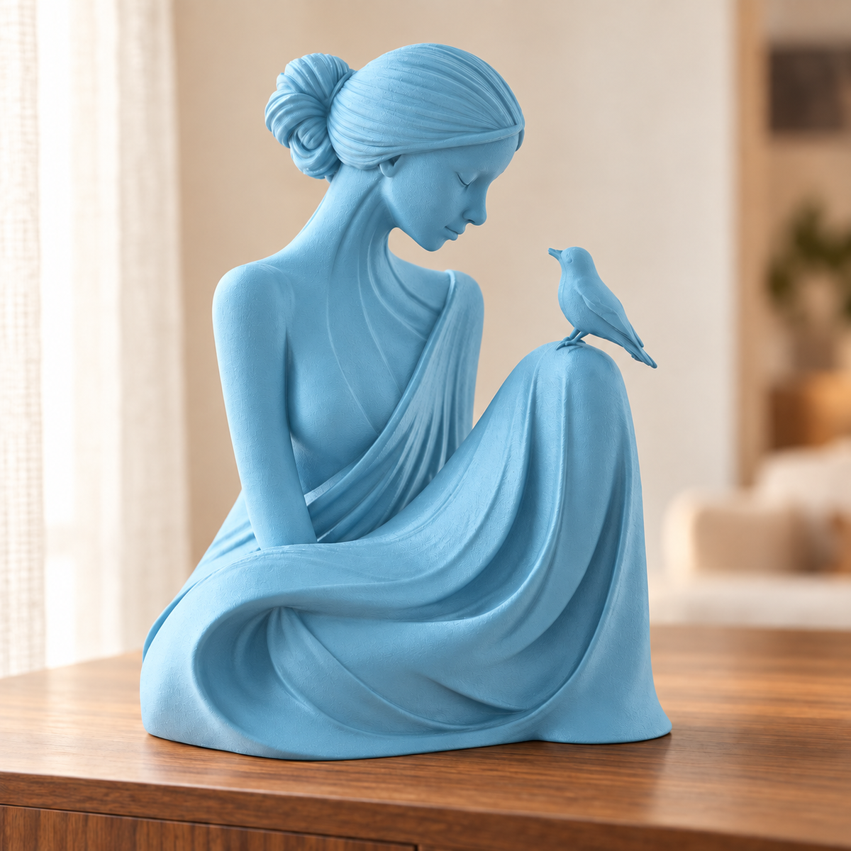 Essência — escultura mulher com pássaro, Azul Celeste